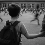 Child looking into school playground feeling lost and parent anxiety