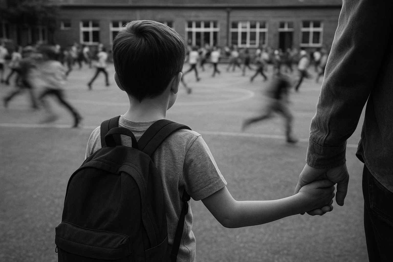 Child looking into school playground feeling lost and parent anxiety