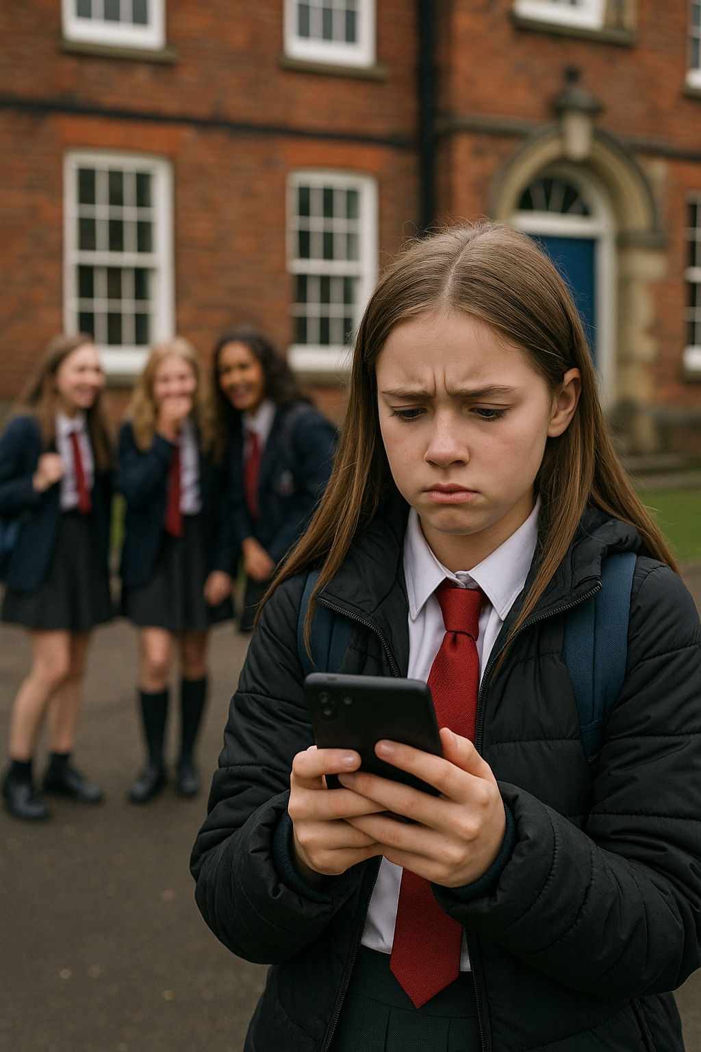girl being bullied via her mobile phone